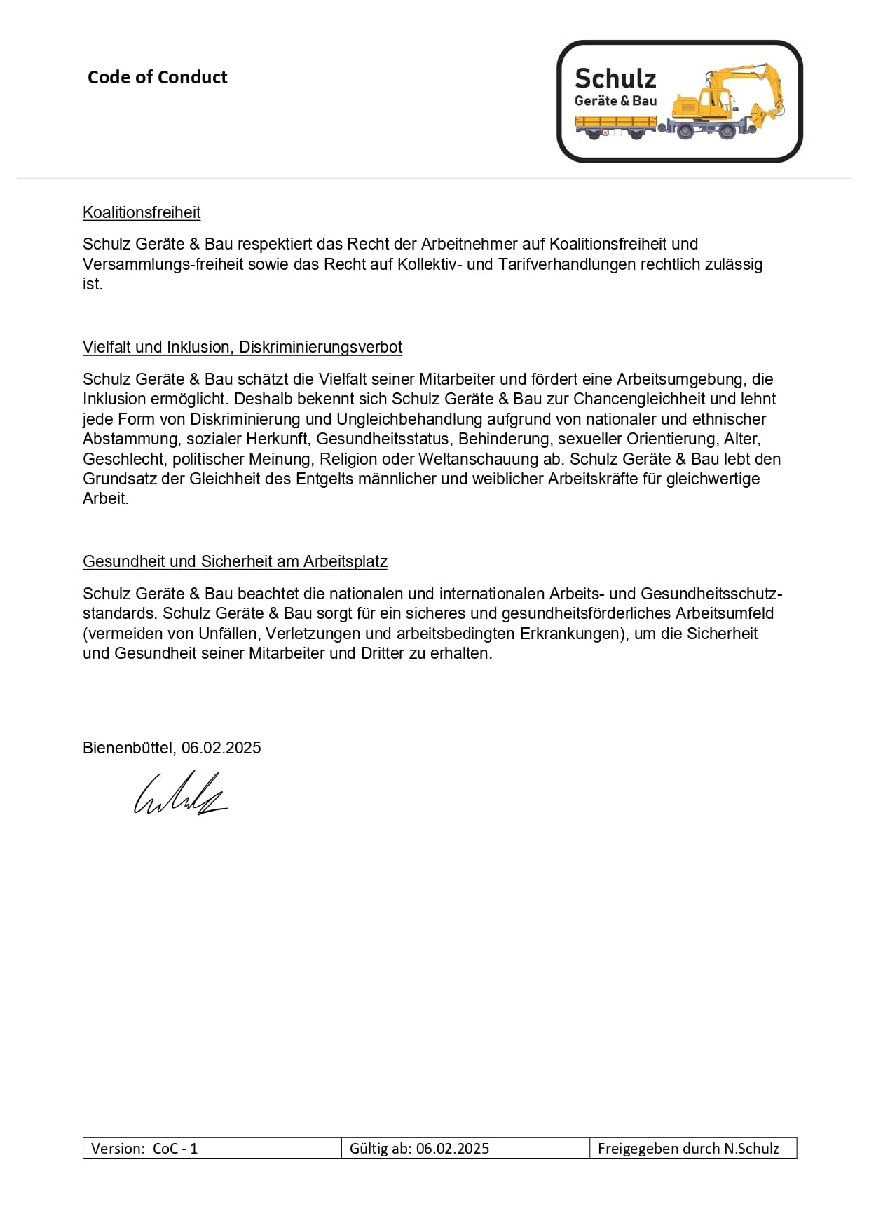 Schulz Zweiwegebagger -Code of Conduct